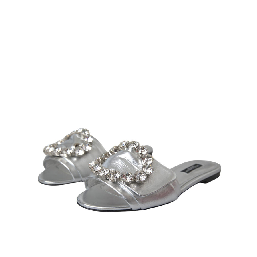 Dolce & Gabbana Silver Crystal Leather Flats Sandals Shoes