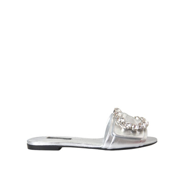 Dolce & Gabbana Silver Crystal Leather Flats Sandals Shoes