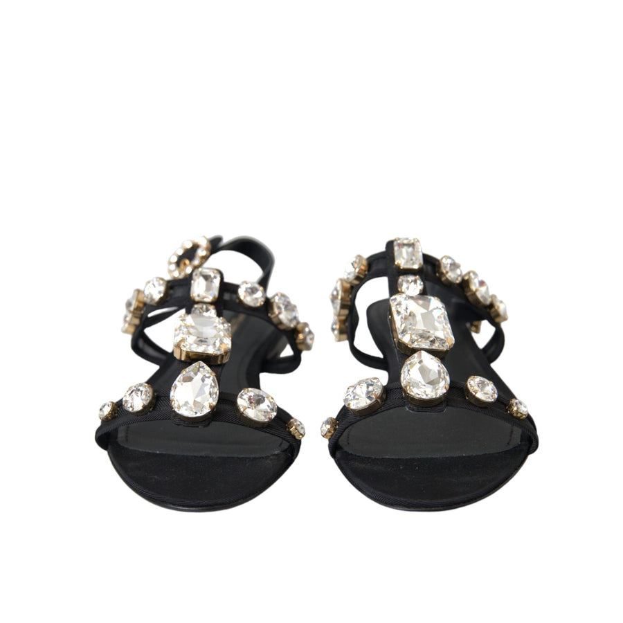 Dolce & Gabbana Black Leather Crystal Flats Sandals Shoes