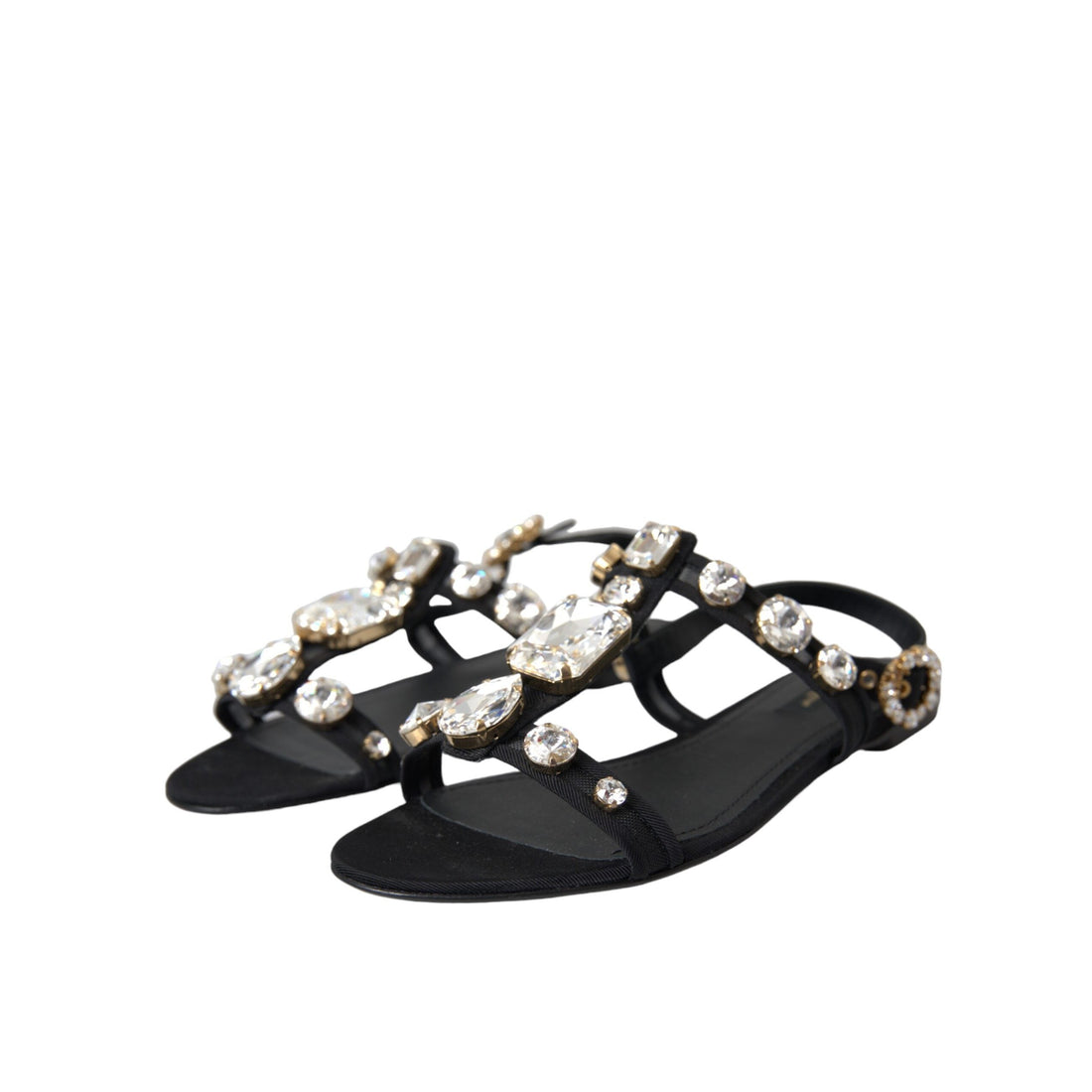 Dolce & Gabbana Black Leather Crystal Flats Sandals Shoes