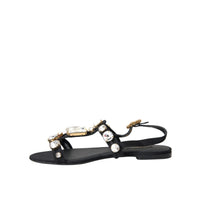 Dolce & Gabbana Black Leather Crystal Flats Sandals Shoes