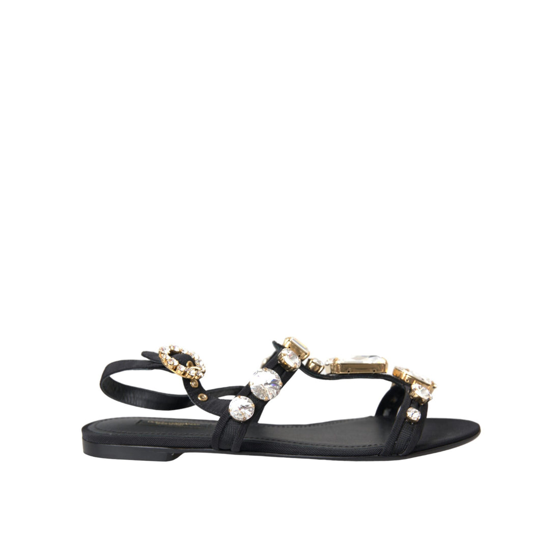 Dolce & Gabbana Black Leather Crystal Flats Sandals Shoes