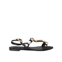 Dolce & Gabbana Black Leather Crystal Flats Sandals Shoes