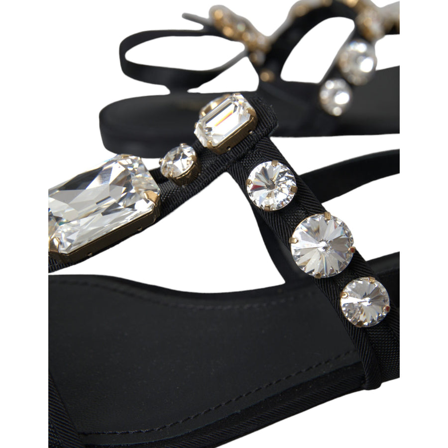 Dolce & Gabbana Black Leather Crystal Flats Sandals Shoes