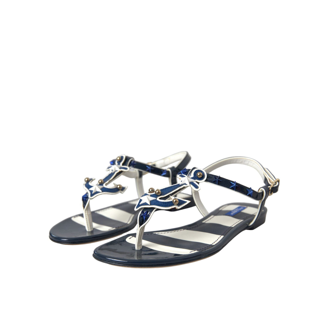 Dolce & Gabbana Blue Stripes Leather Studded Flats Sandals Shoes