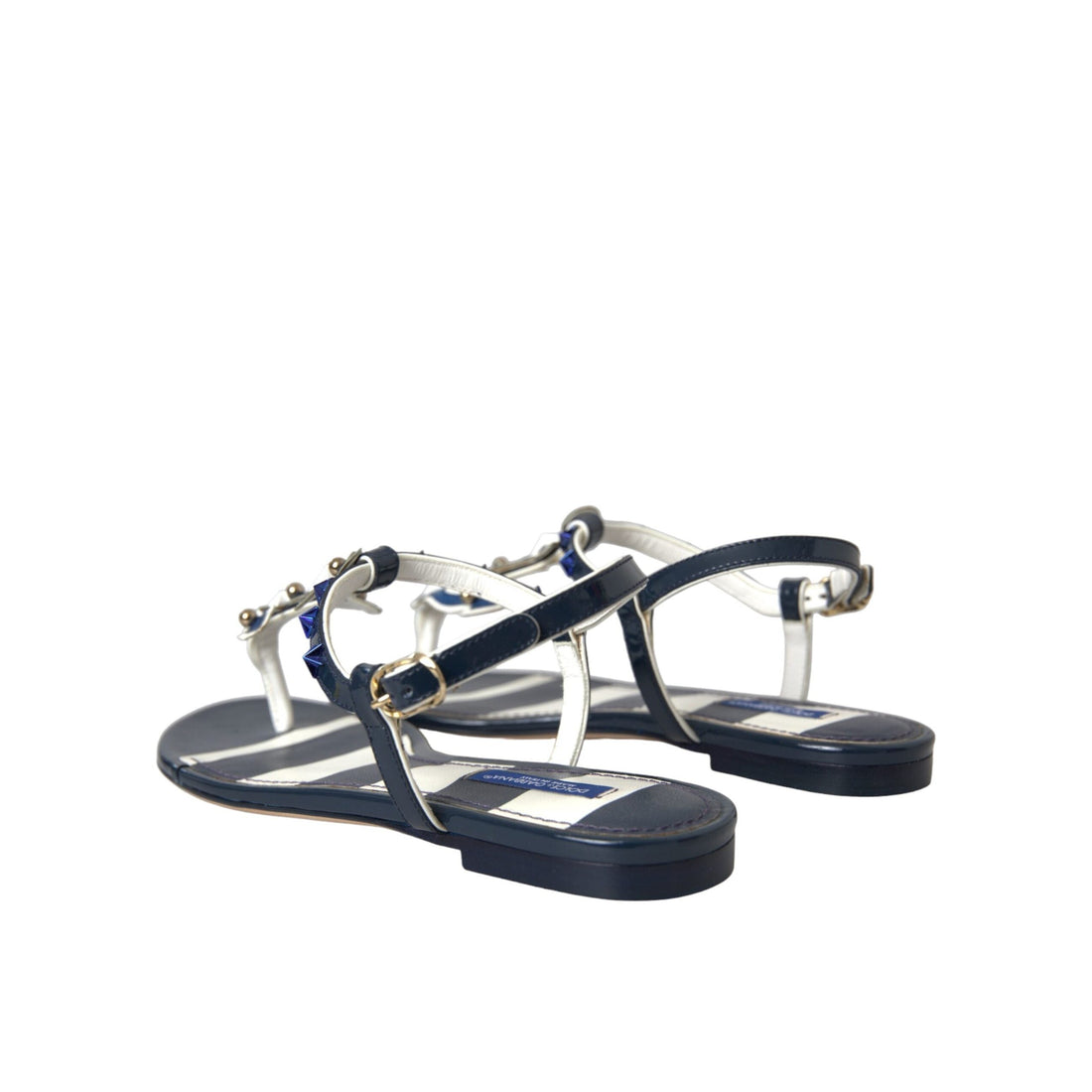 Dolce & Gabbana Blue Stripes Leather Studded Flats Sandals Shoes