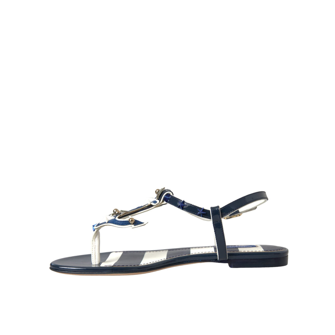 Dolce & Gabbana Blue Stripes Leather Studded Flats Sandals Shoes