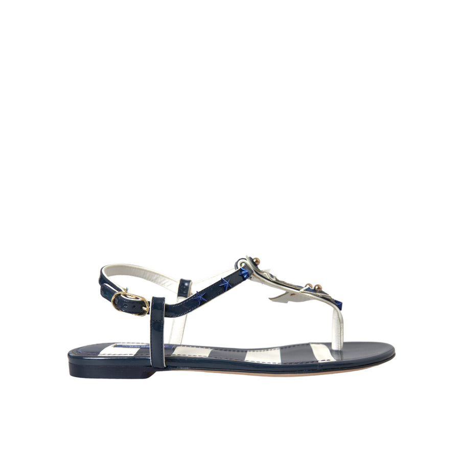 Dolce & Gabbana Blue Stripes Leather Studded Flats Sandals Shoes