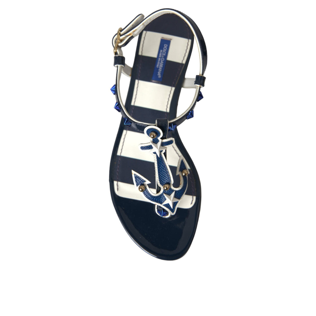 Dolce & Gabbana Blue Stripes Leather Studded Flats Sandals Shoes