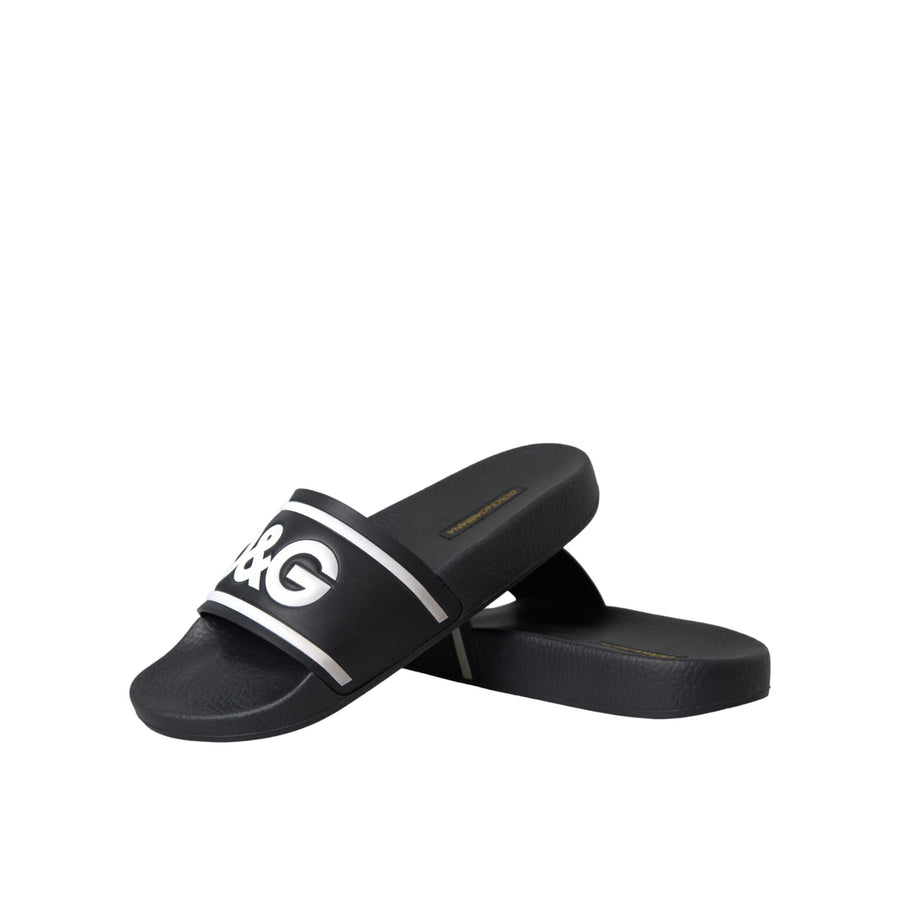 Dolce & Gabbana Black Leather I Love D&G Sandals Slides Shoes