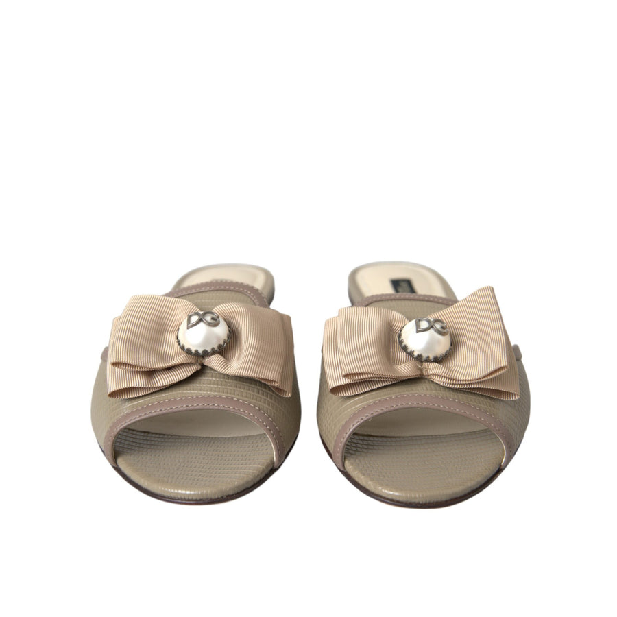 Dolce & Gabbana Beige Logo Pearl Flats Sandals Slides Shoes