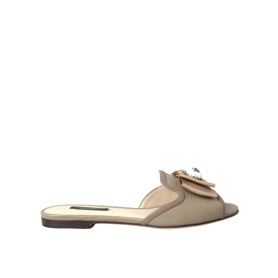 Dolce & Gabbana Beige Logo Pearl Flats Sandals Slides Shoes