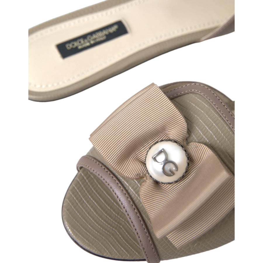 Dolce & Gabbana Beige Logo Pearl Flats Sandals Slides Shoes