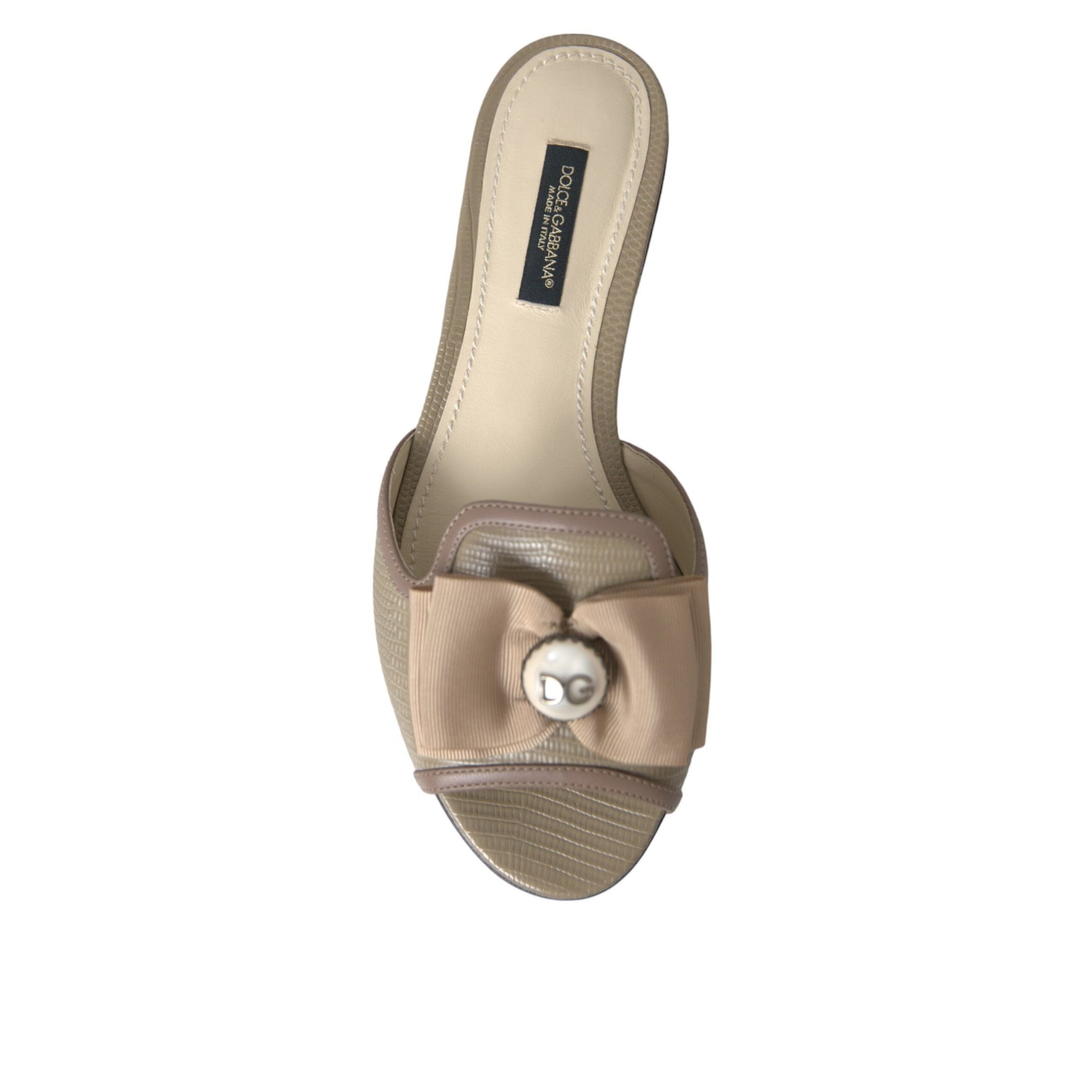 Dolce &amp; Gabbana Beige Logo Pearl Flats Sandals Slides Shoes