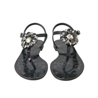 Dolce & Gabbana Black Crystal Flats Sandals Flip Flops Shoes