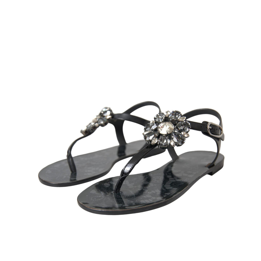 Dolce & Gabbana Black Crystal Flats Sandals Flip Flops Shoes