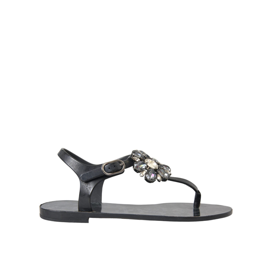 Dolce & Gabbana Black Crystal Flats Sandals Flip Flops Shoes