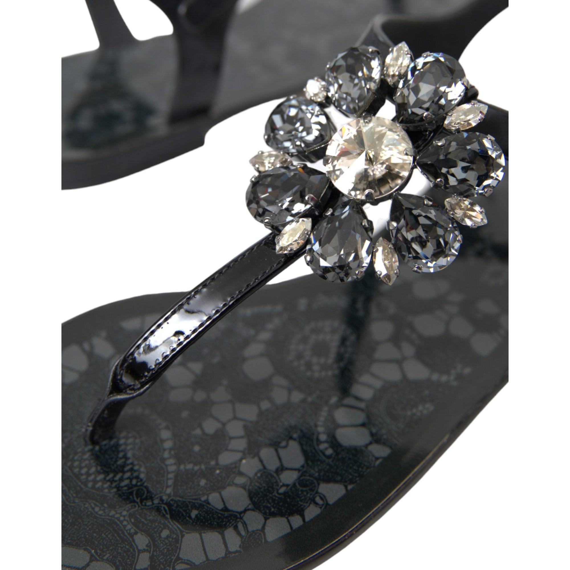 Dolce &amp; Gabbana Black Crystal Flats Sandals Flip Flops Shoes
