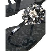 Dolce & Gabbana Black Crystal Flats Sandals Flip Flops Shoes