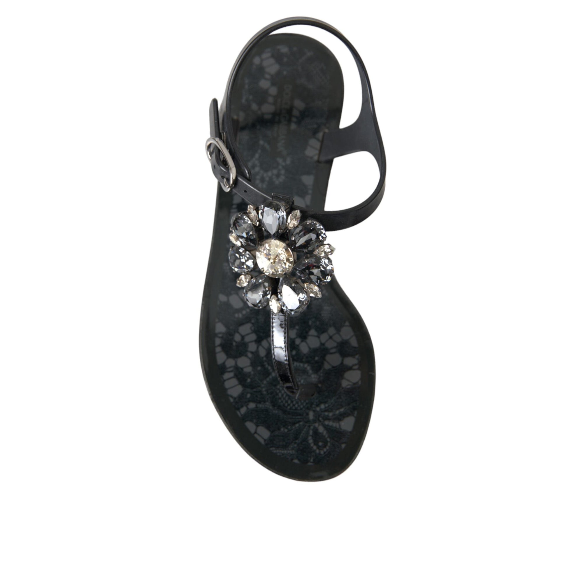 Dolce &amp; Gabbana Black Crystal Flats Sandals Flip Flops Shoes
