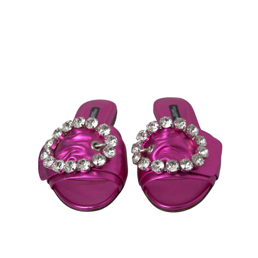 Dolce & Gabbana Fuchsia Crystal Leather Flats Sandals Shoes