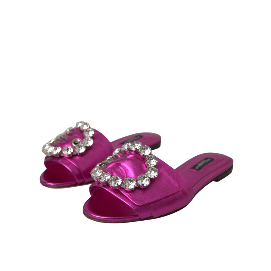 Dolce & Gabbana Fuchsia Crystal Leather Flats Sandals Shoes