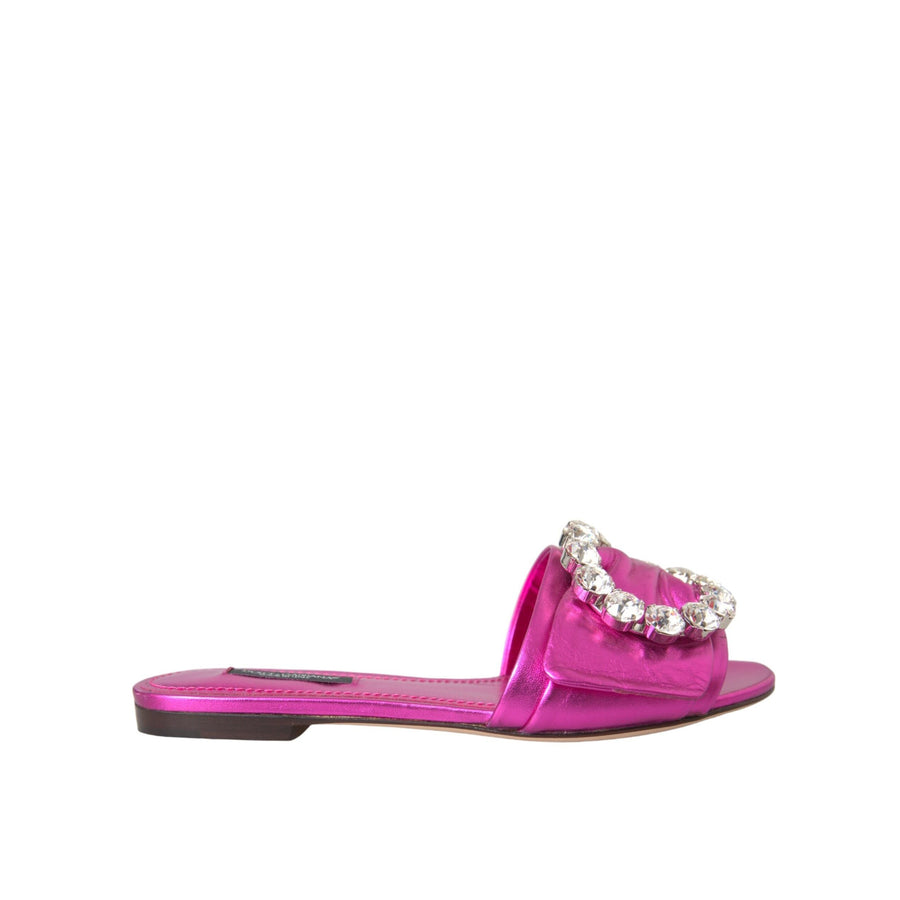 Dolce & Gabbana Fuchsia Crystal Leather Flats Sandals Shoes