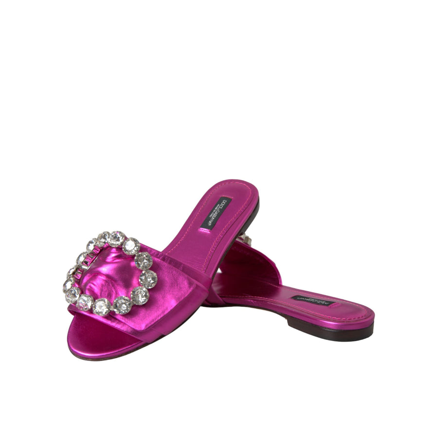 Dolce & Gabbana Fuchsia Crystal Leather Flats Sandals Shoes