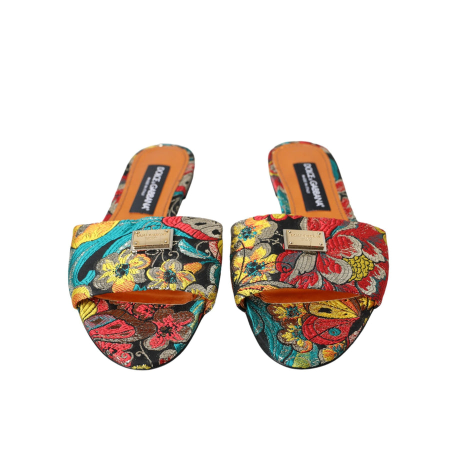 Dolce & Gabbana Multicolor Floral Brocade Logo Flats Sandals Shoes