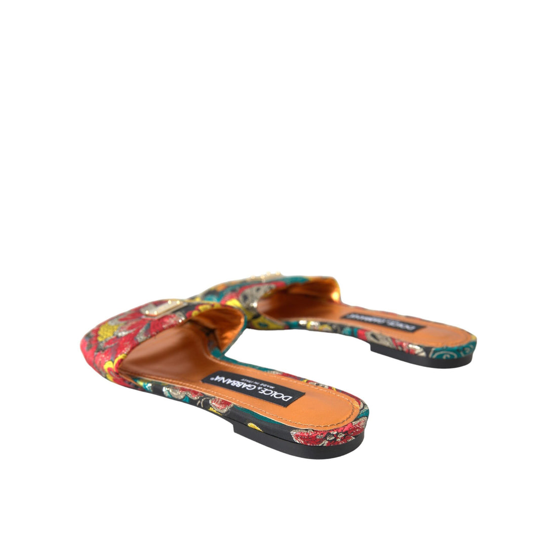 Dolce & Gabbana Multicolor Floral Brocade Logo Flats Sandals Shoes