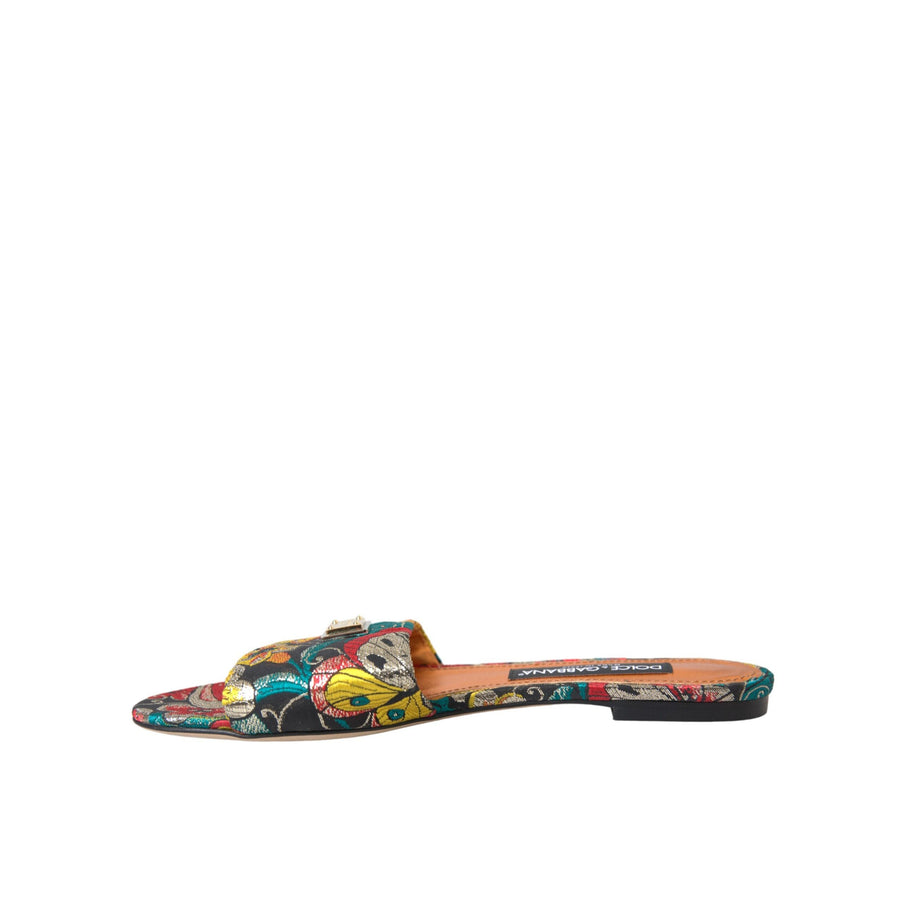 Dolce & Gabbana Multicolor Floral Brocade Logo Flats Sandals Shoes