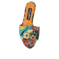 Dolce & Gabbana Multicolor Floral Brocade Logo Flats Sandals Shoes