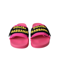 Dolce & Gabbana Pink Black Logo Beachwear Flats Sandals Shoes