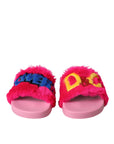 Dolce & Gabbana Multicolor Embroidered Fur Slides Sandals Shoes