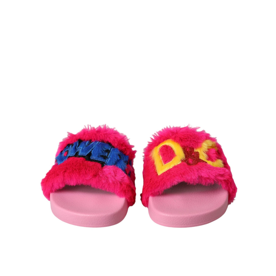 Dolce & Gabbana Multicolor Embroidered Fur Slides Sandals Shoes