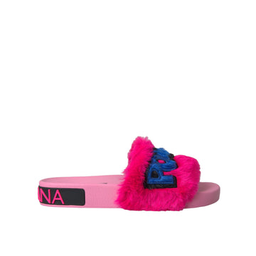 Dolce & Gabbana Multicolor Embroidered Fur Slides Sandals Shoes