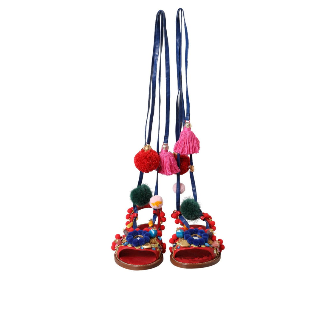 Dolce & Gabbana Multicolor Pom Pom Fur Wrap Sandals Shoes