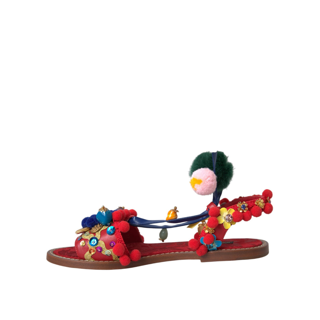 Dolce & Gabbana Multicolor Pom Pom Fur Wrap Sandals Shoes