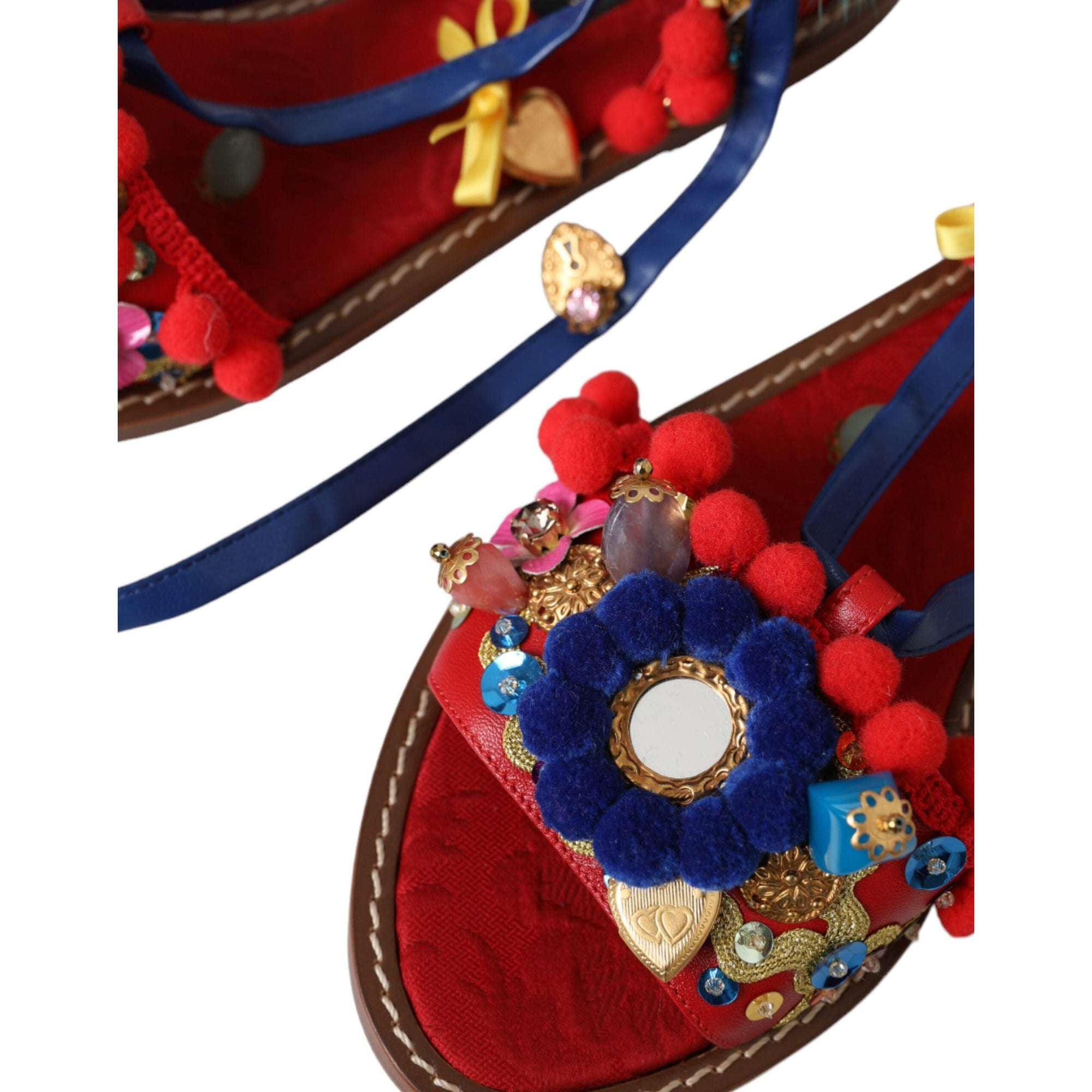 Dolce &amp; Gabbana Multicolor Pom Pom Fur Wrap Sandals Shoes