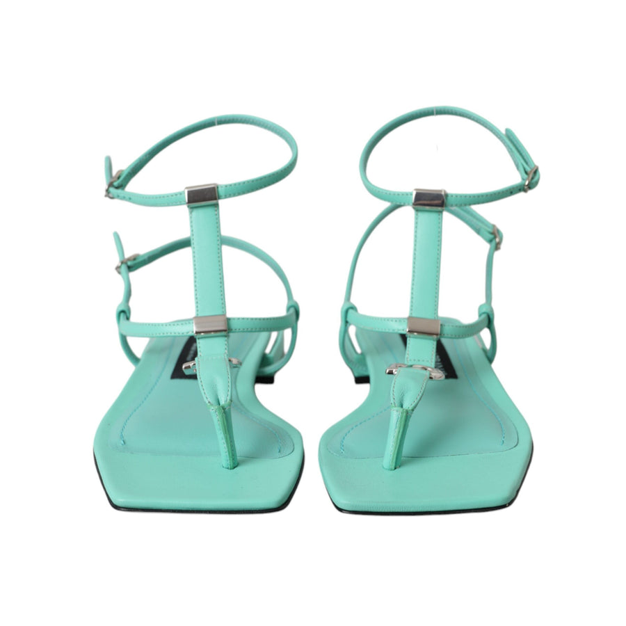 Dolce & Gabbana Aqua Green Leather Ankle Strap Flats Sandals Shoes