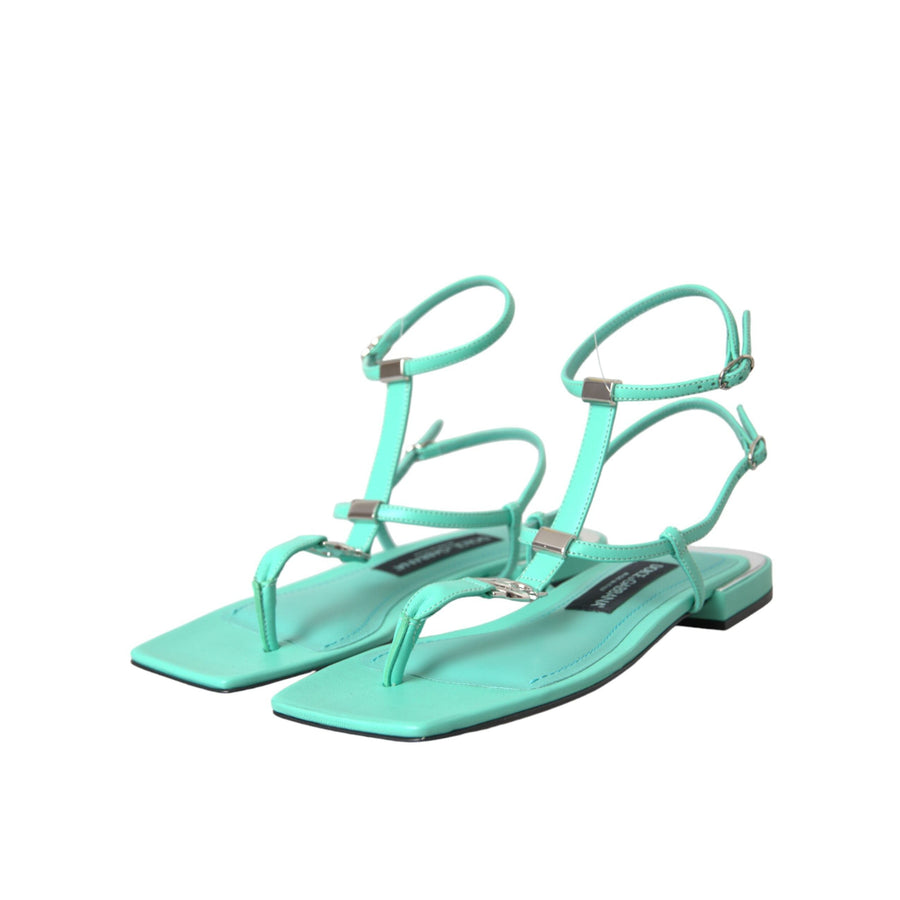 Dolce & Gabbana Aqua Green Leather Ankle Strap Flats Sandals Shoes