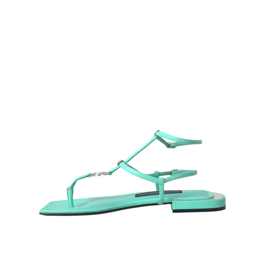 Dolce & Gabbana Aqua Green Leather Ankle Strap Flats Sandals Shoes