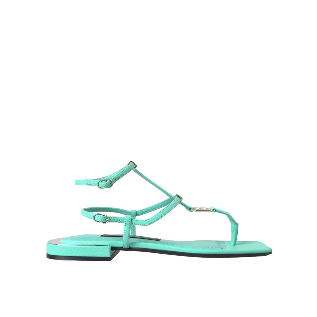 Dolce & Gabbana Aqua Green Leather Ankle Strap Flats Sandals Shoes