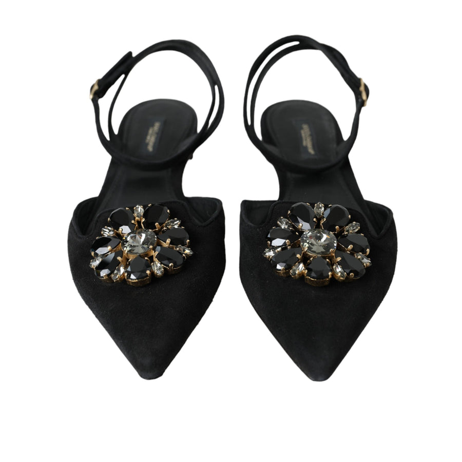 Dolce & Gabbana Black Leather Crystal Slingback Sandals Shoes