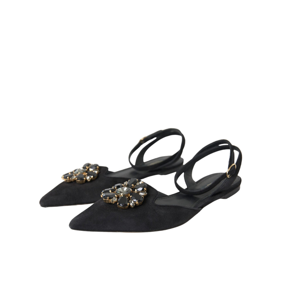 Dolce & Gabbana Black Leather Crystal Slingback Sandals Shoes