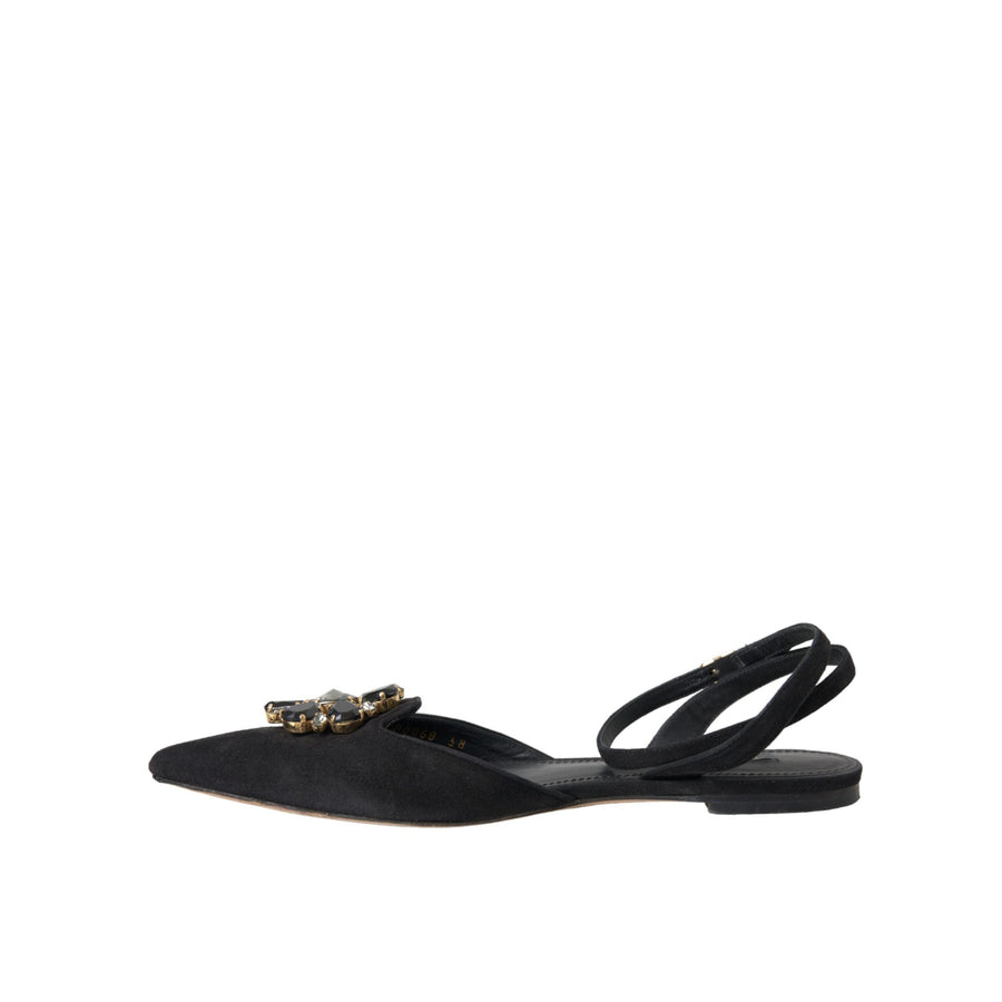 Dolce & Gabbana Black Leather Crystal Slingback Sandals Shoes