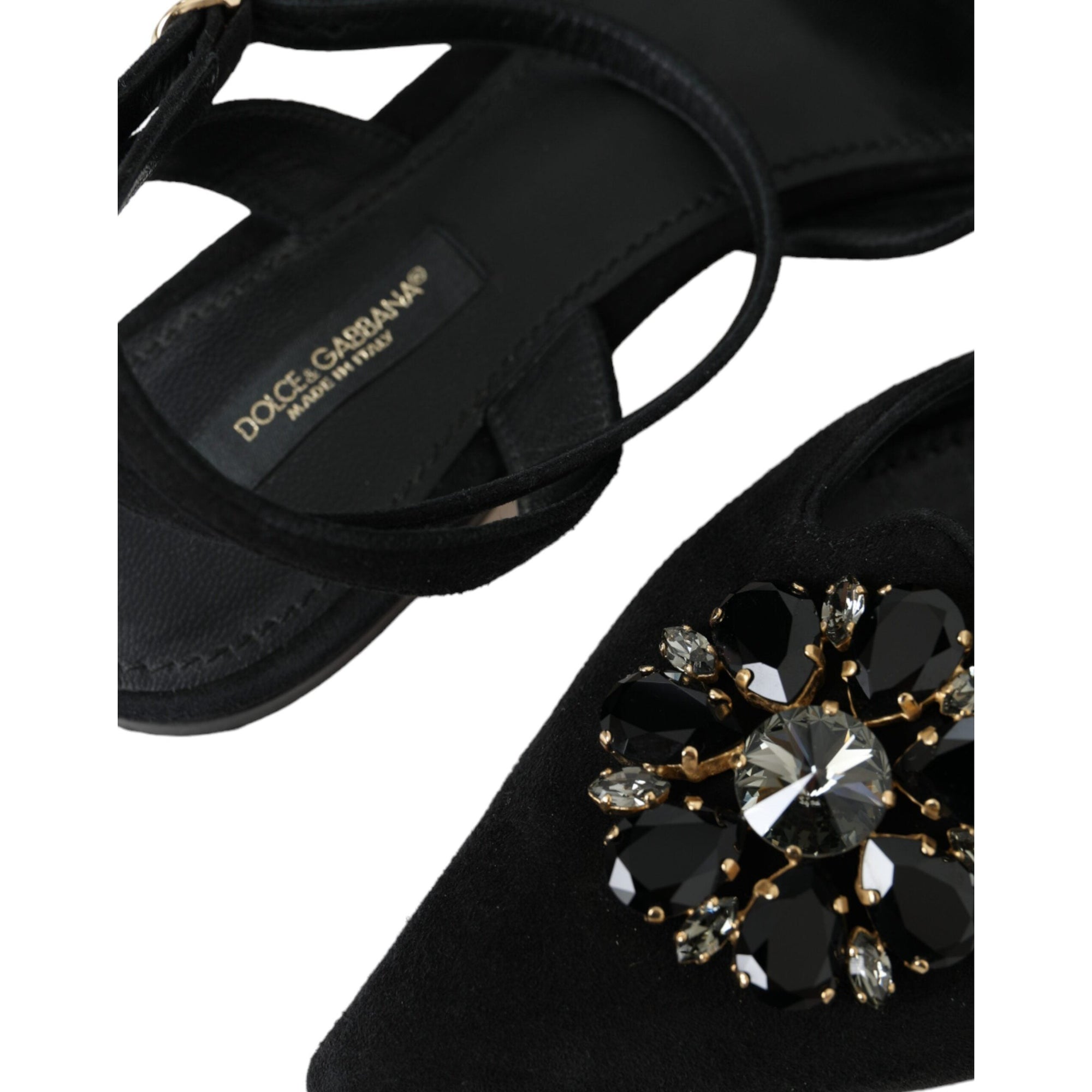 Dolce &amp; Gabbana Black Leather Crystal Slingback Sandals Shoes