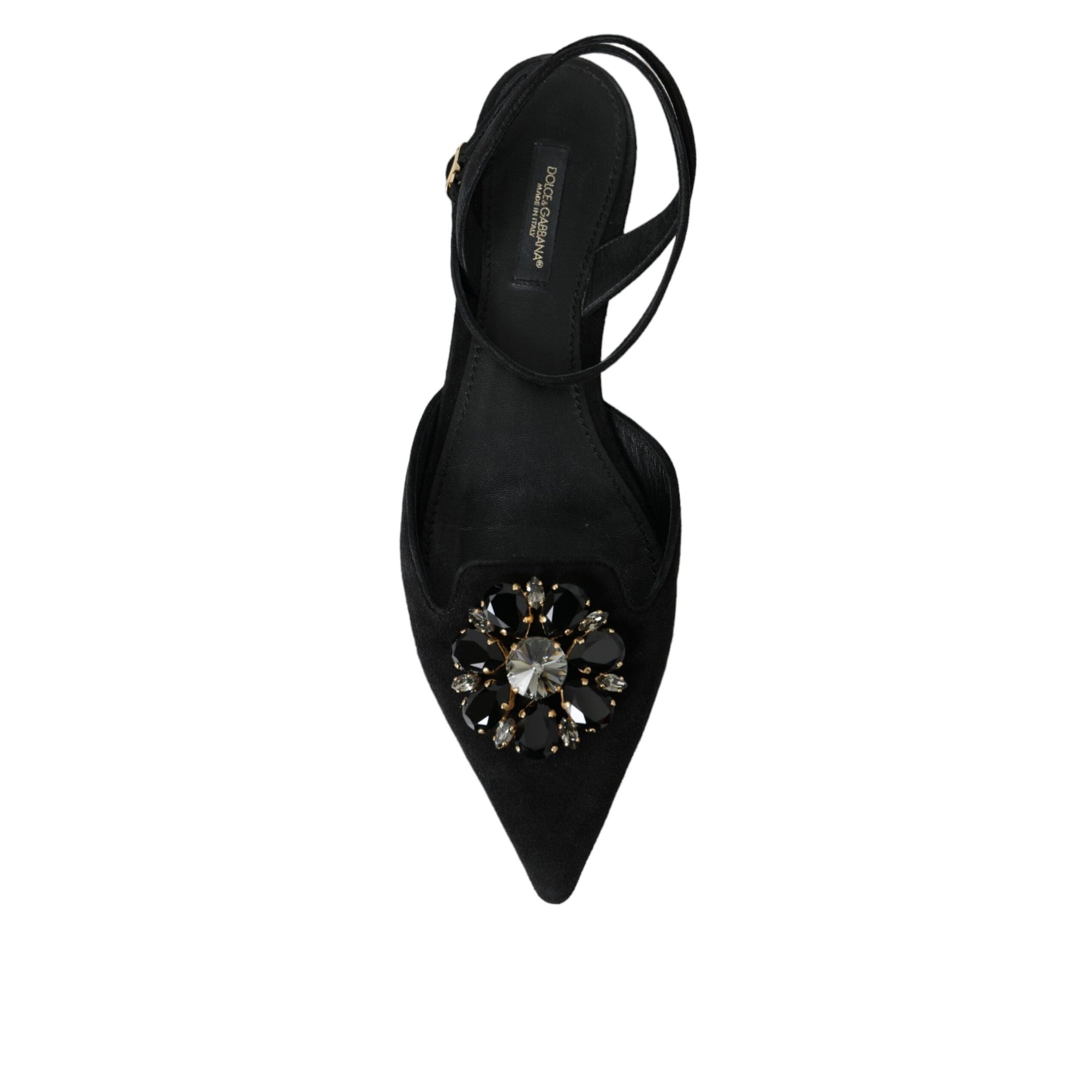 Dolce &amp; Gabbana Black Leather Crystal Slingback Sandals Shoes