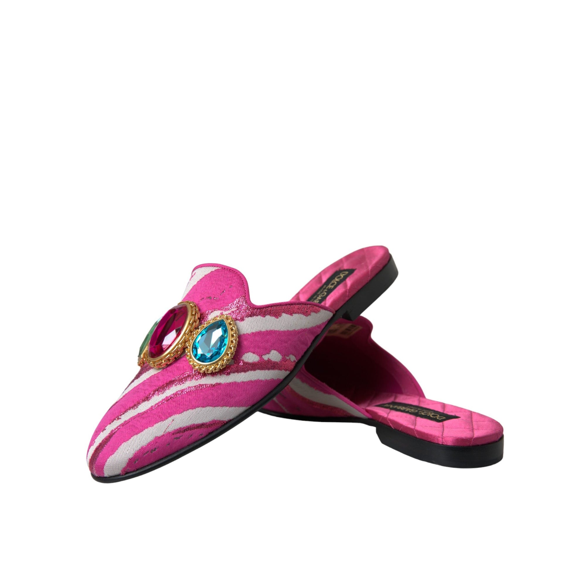 Dolce &amp; Gabbana Pink Jacquard Crystal Mule Flat Sandals Shoes