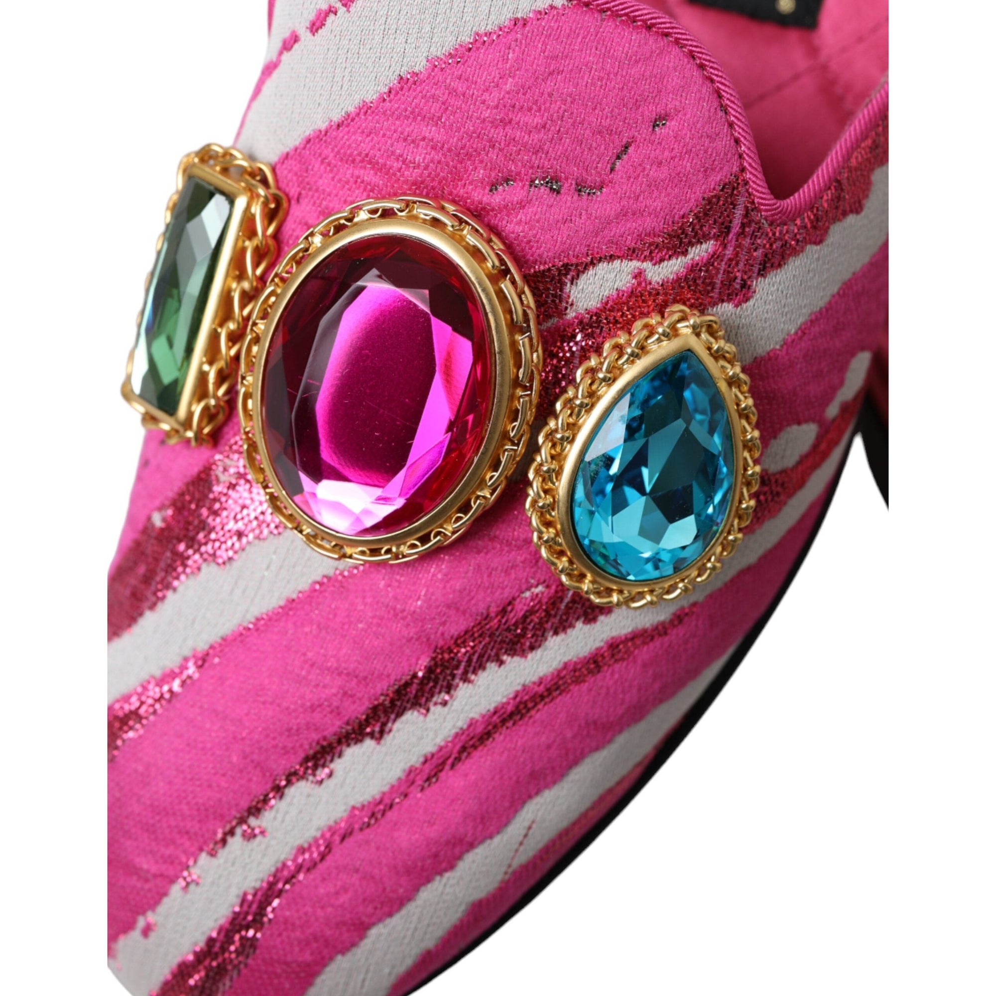 Dolce &amp; Gabbana Pink Jacquard Crystal Mule Flat Sandals Shoes